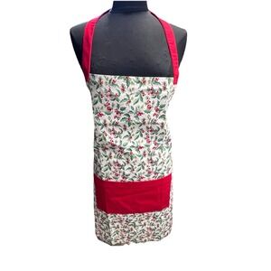 Vintage Christmas Apron Red Green Holly Cottagecore Retro EUC Pocket Holiday